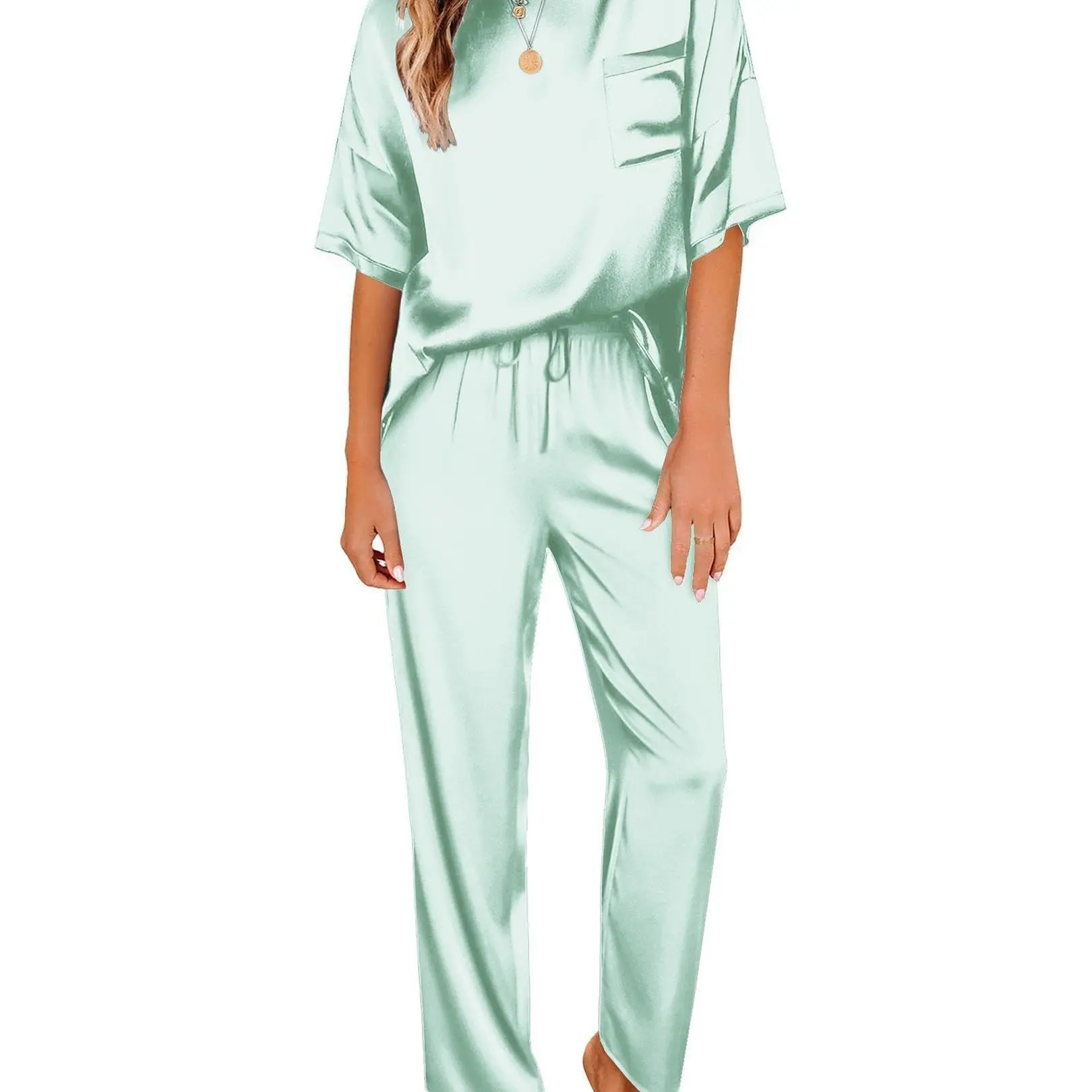 Womens Satin Silky Pajama Set Short Sleeve Shirt with Long Pajama Pant Set Soft PJ Loungewear