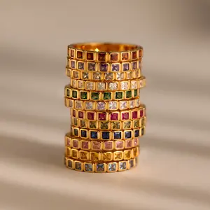 Eternity Bezel Birthstone Ring in 18K Gold by Caitlyn Minimalist - Dainty 18K Gold Plated Square Gemstone Ring - Vintage Stacking Eternity Band  - Art Deco Jewelry - Personalized Gift for Her