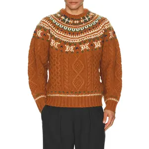 Beams Plus Crew Nordic Cable Sweater in Brick