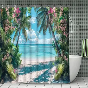 Tropical Beach Coconut Tree Shower Curtain Set, Printed Shower Curtain, Waterproof Fabric, 12 Hooks, Non-Slip Bath Mat, Toilet U-Shaped Pad, Bathroom Decor 4pcs