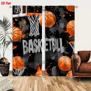 2D Flat  Basketball Themed Black Orange Curtain 2-Piece Set, Dynamic Artistic Basketball Hoop & Balls Patterned Living Room Bedroom Curtains with Gray Hand-Drawn BASKETBALL Text, Sporty Vibrant Paint-Splattered Background Design, 2 Panels for Windo