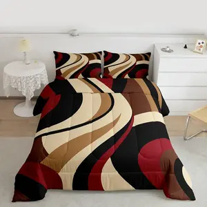 Red Brown Spiral Comforter Set for Adult Women Men,Modern Swirls Stripes Abstract Bedding Set for Minimalists,Boho Aesthetic Geometric Bed Set