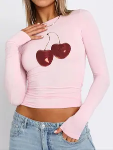 Women's Cherry Print Round Neck Tee, Y2K Trendy Long Sleeve T-shirt for Spring & Fall, Women's Clothes for Daily Wear