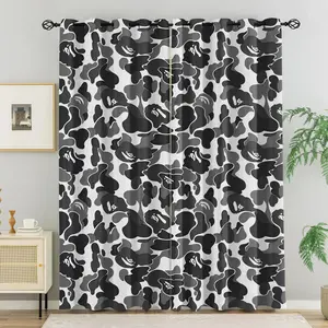 Streetwear Black-White Ape Head ABC Camouflage Blackout Curtain 2Pcs/Set, No Drill Ring Design, Washable Fabric, Suitable for Bedroom Living Room Dorm Thermal Insulation, UV Protection, Multifunctional Home Decor