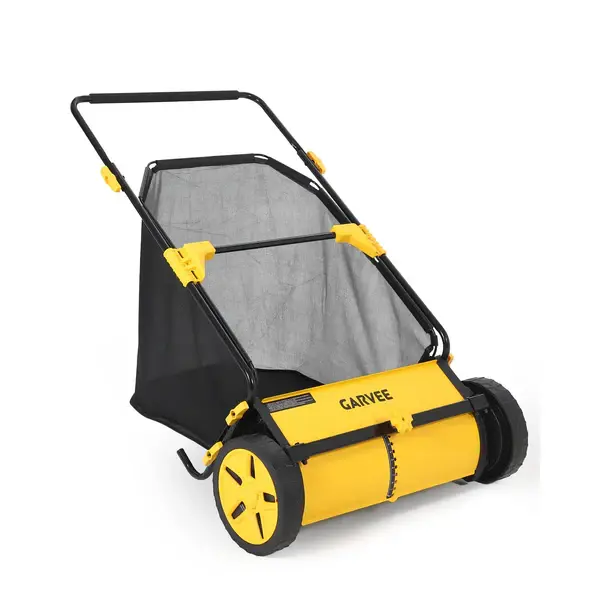 [FLASH SALE] Garvee 30-Inch Push Lawn Sweeper, Manual Grass & Leaf Collector with 10 Cu.Ft Bag, Adjustable Height, 4 Spinning Brushes, Wheel-Driven Yard Sweeper, Black & Yellow