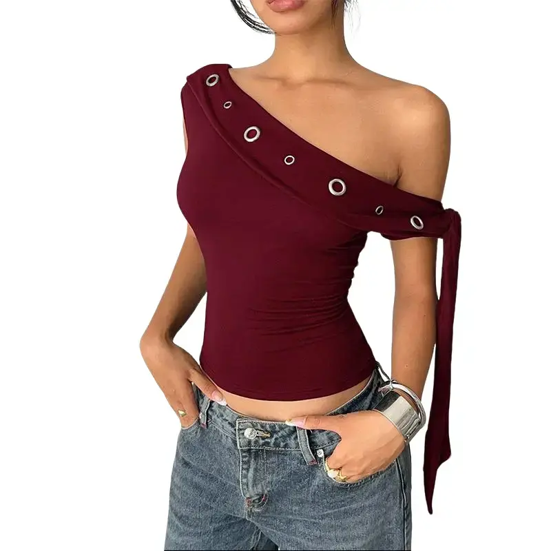 Asymmetrical Off-Shoulder Eyelet Detail Draped Tie Sleeveless Slim Fit Ribbed Knit Crop Top for Women's 2026 Summer New Casual Everyday Night Out Party Club Streetwear Blouse