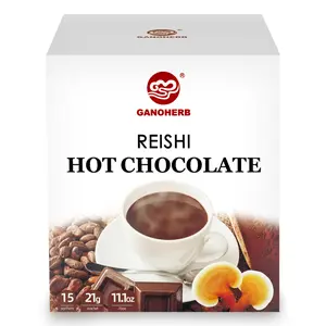 Ganoherb Mushroom Hot Chocolate Coffee, containing 6 adaptogens, has a rich chocolate flavor, is gluten-free, and boosts energy, concentration, and immunity. Comes in 15 packs, each containing 11 ounces. hot1 summervibes