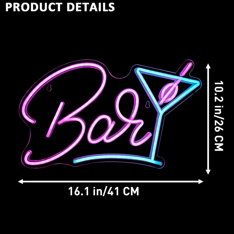 Bar Neon Sign for Home Bar Wall Decoration, USB Powered LED Bar Sign with Dimmable Brightness, Wall-Mounted Cocktail Neon Light for Man Cave/Club/Bistro/Party, Birthday Christmas Gift for Boys Girls