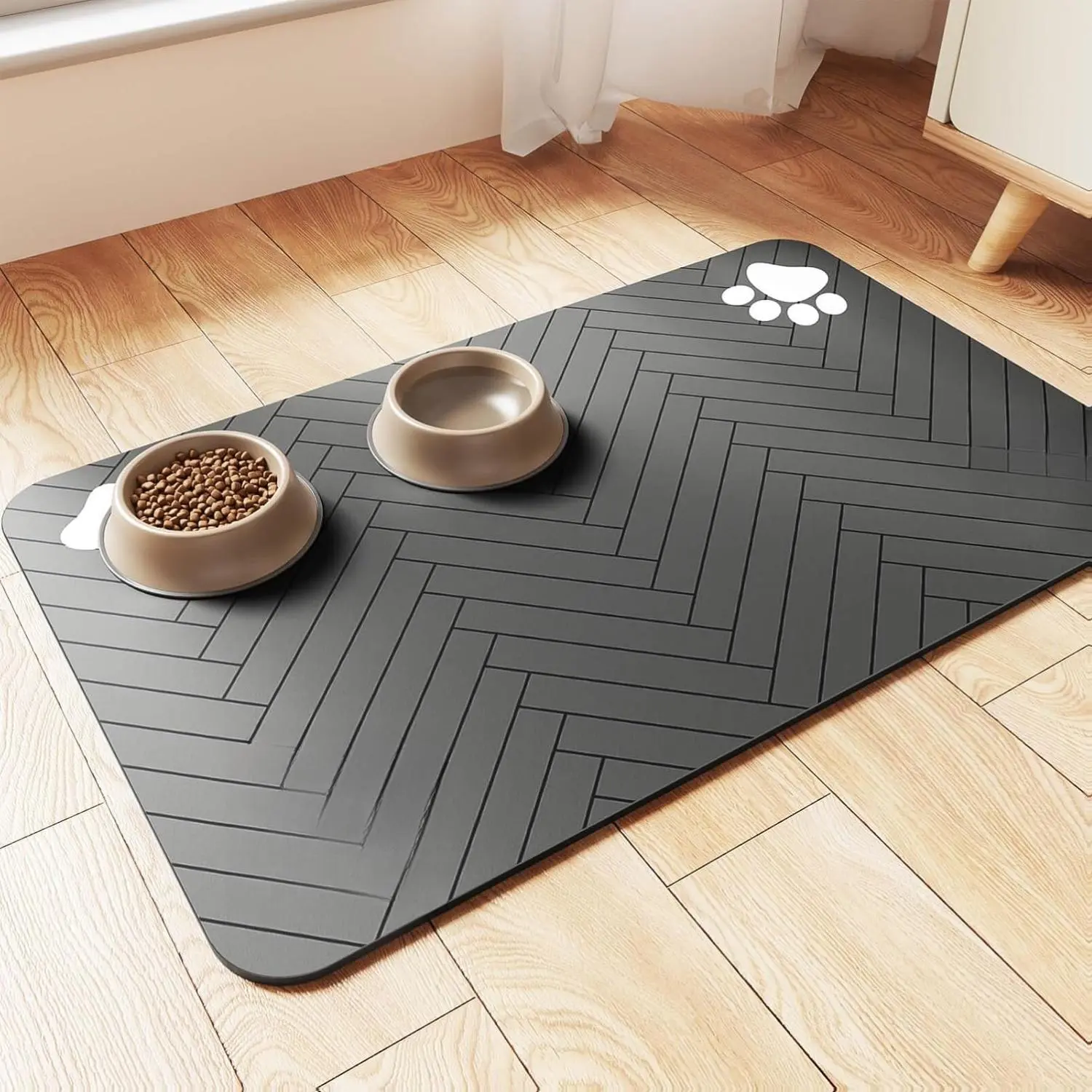 Striped Dark Gray Silicone Pet Feeding Mat (12"x20") - Strong Absorbent, Anti-Slip, Leak-Proof, Waterproof Rubber Backing, Quick-Dry, Stain-Free Special Material Accessory for Dog Food & Water Bowls
