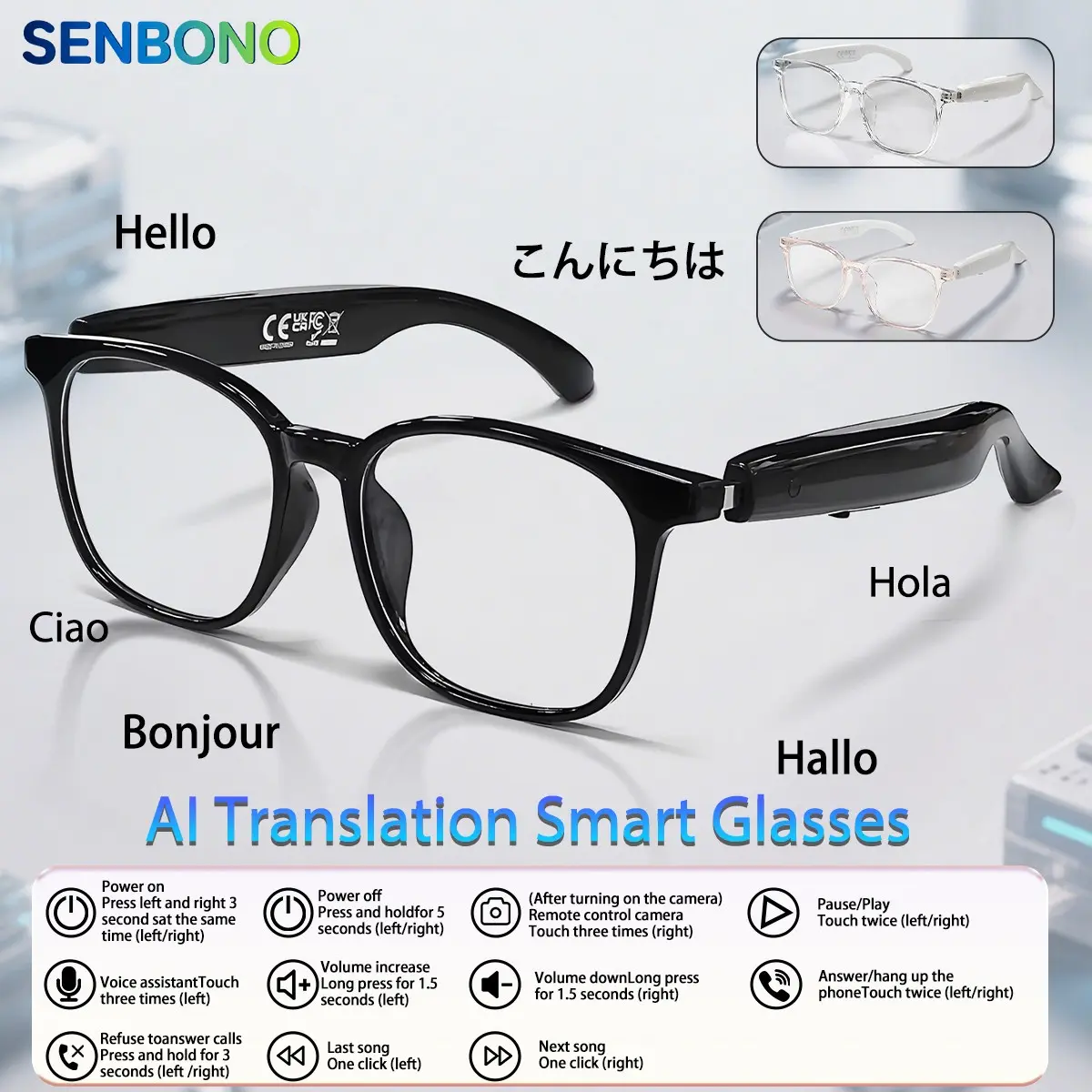 Senbono Smart Glasses BT Sunglasses with Microphone Speaker, Ai Translation, Voice Assistant, Bluetooth-compatible Connectivity