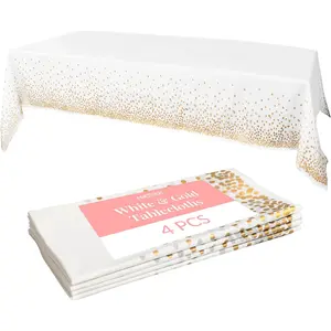 White and Gold Disposable Plastic Tablecloths, 4 pk, 54x108 Inches-for Party, Engagement Party, Baptism Decorations