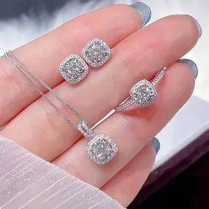 S925 Square Necklace Set, Pair of Earrings & Ring - Suitable for Daily Wear, Party, and Festival Gifts