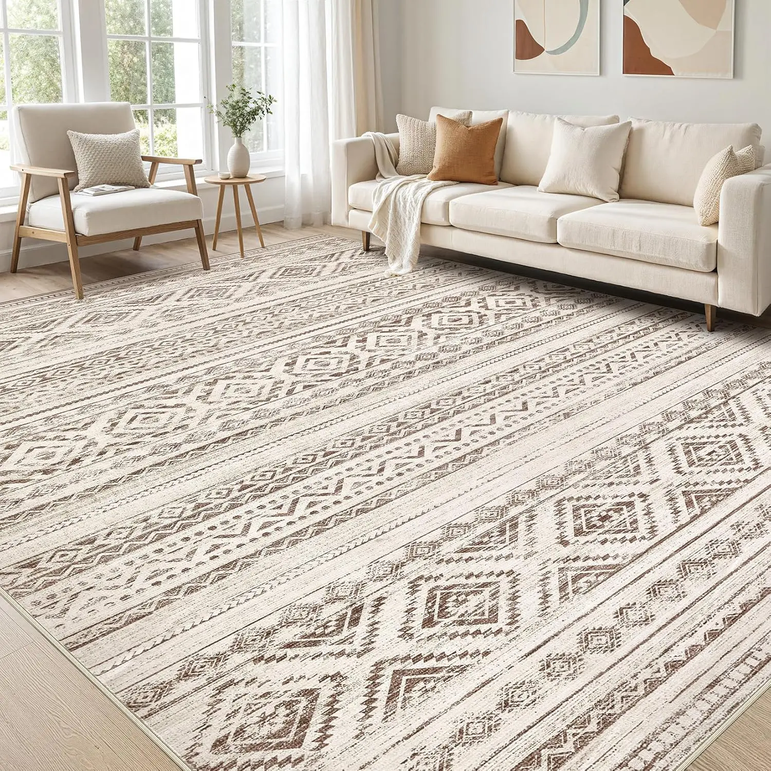Boho Area Rug for Living Room - Washable, Non-Slip Backing, Soft, Stain-Resistant, Lightweight Indoor Carpet for Bedroom, Living Room Decor, Rugs For Living Room