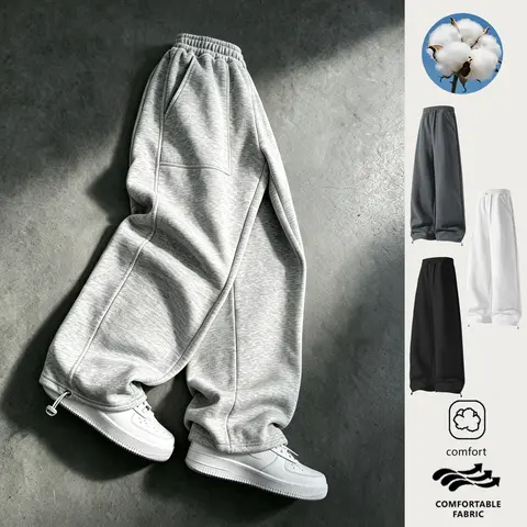 EKF Menswear Men's Baggy Cotton Sweatpants - American Vintage Style, Soft Plain Natural Fabric, Elastic Waistband, Snap-Button Drawstring Cuffs, Dark Gray+Black+Light Gray, for Casual Back-to-School Spring & Autumn Wear