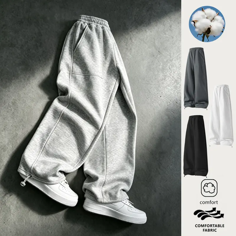 EKF Menswear Men's Baggy Cotton Sweatpants - American Vintage Style, Soft Plain Natural Fabric, Elastic Waistband, Snap-Button Drawstring Cuffs, Dark Gray+Black+Light Gray, for Casual Back-to-School Spring & Autumn Wear