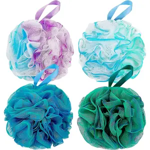 Exfoliating Shower Sponge Loofah, Mesh Ball Body Scrubber, Floral Design, Unisex Bathing Tool, Elegant Appearance