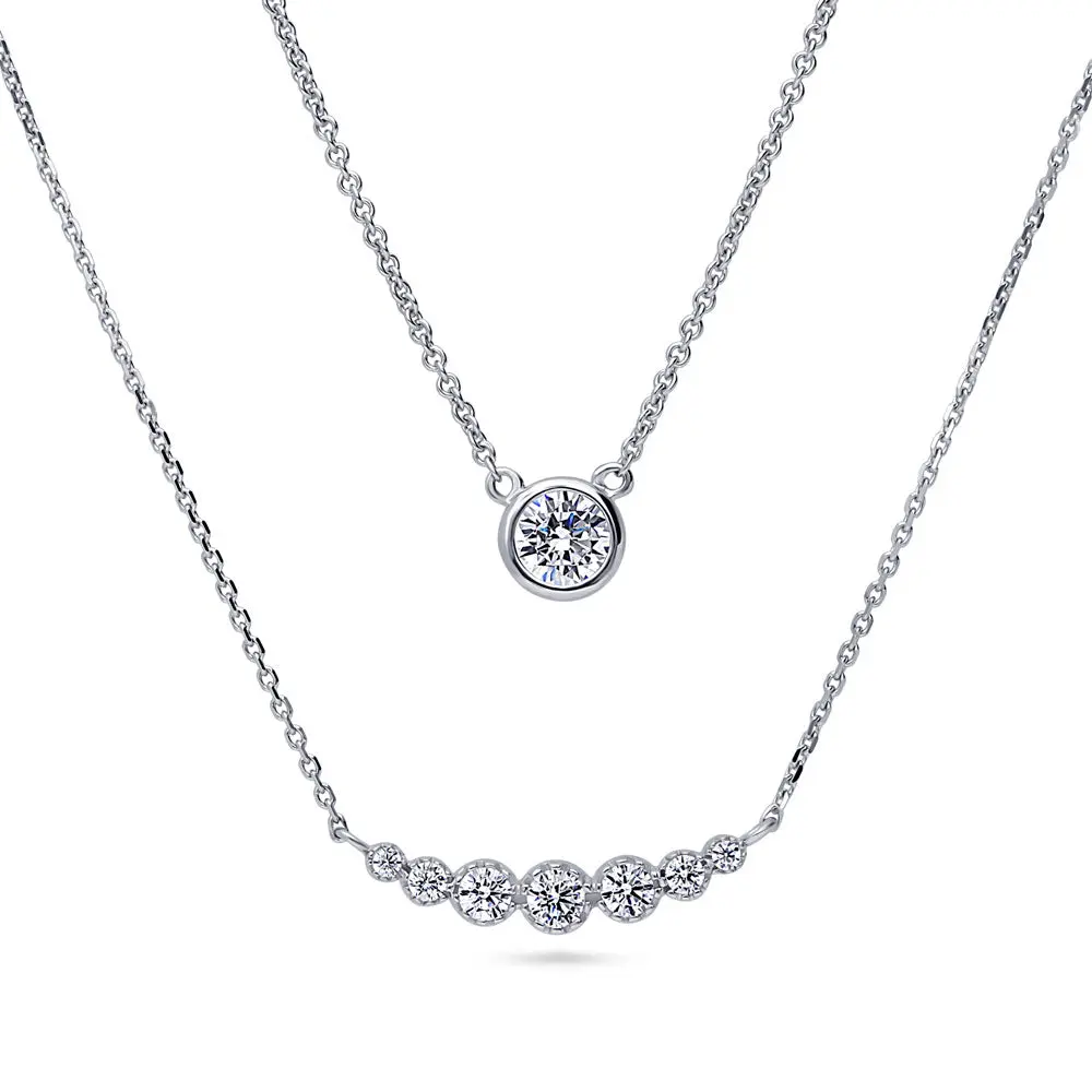 BERRICLE Sterling Silver Solitaire Graduated Bubble Bar Layered Pendant Necklace for Women, 0.11 Carat/0.45 Carat Bezel Set Round Cut Cubic Zirconia CZ 16 inch, 2-Piece Set