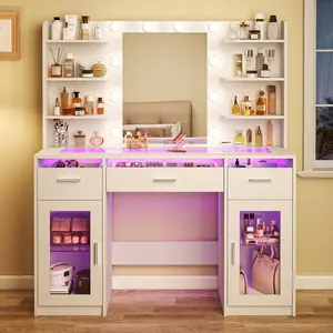 Modern LED Vanity Desk with Mirror, RGB Lighted Drawers & Glass Top, Makeup Table with Power Outlet, Storage Shelves & Cabinets for Bedroom, White