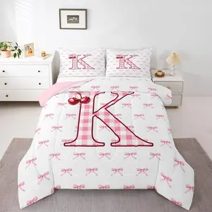 Pink Bow Comforter Set,Initial K Letter Bowknot Bedding Set for Kids Girls,Cherry Plaid Bow Tie Comforter