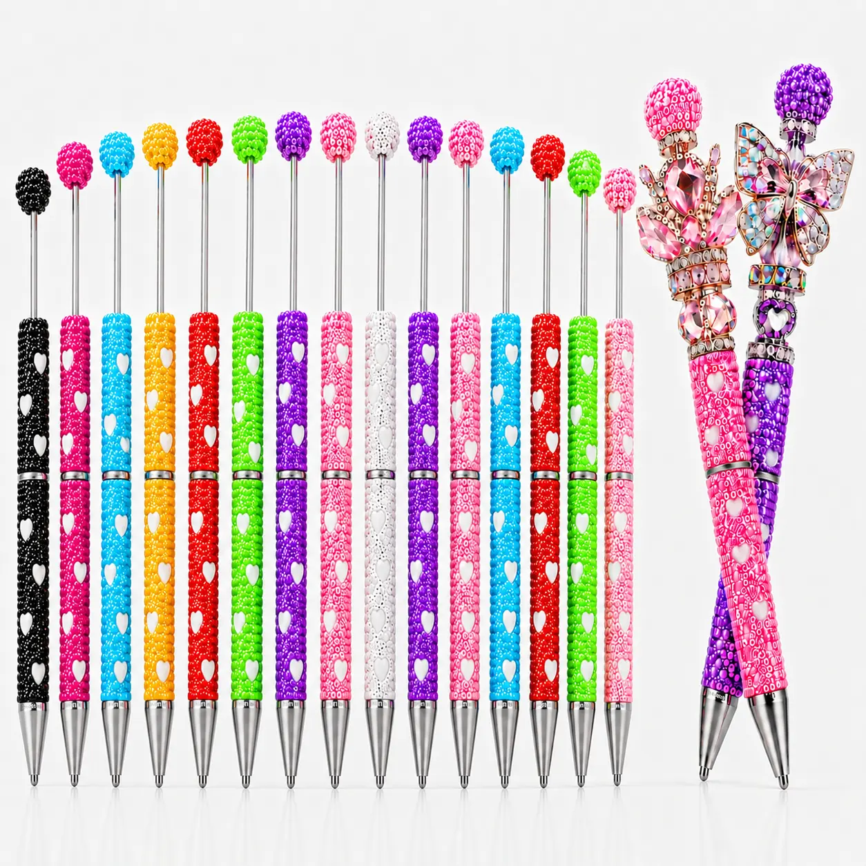 15-Pack Sparkling Full Rhinestone Heart Beadable Unique Pens - Customized Ballpen Blanks with Metal Rods for DIY Pens, Teacher Gifts, Craft Fairs (Beads Not Included)