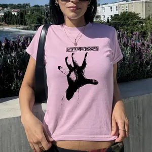System Of A Down Hand Graphic Baby Tee, Vintage Rock Band Style Slim Fit Baby Tee, Y2K Aesthetic Unisex Streetwear Shirt
