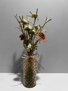 Elegant Artisan Rose Gold Button Bouquet - Glass Vase Centerpiece, Bouquet-Shaped Artificial Flowers, Home Decor Arrangement