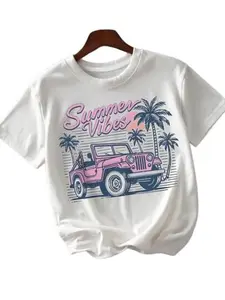 Summer Vibes Jeep Tree Print Loose T-Shirt, Casual Fitted Hearts Pattern, All Seasons Wear, Comfortable and Stylish Top