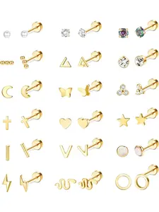 Small 18 Pairs Golden Cute Flat Back Stud Earrings 18G Surgical Steel Cartilage Studs for Women Men Vivid Moon Star Snake Opal Disc Ball CZ Stud Earring Set