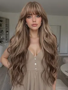 30 Inch Long Curly Wig with Bangs for Women, Synthetic Curly Wigs, Perfect for Office Wear, Festivals, Cosplay, Natural Comfort, All Seasons