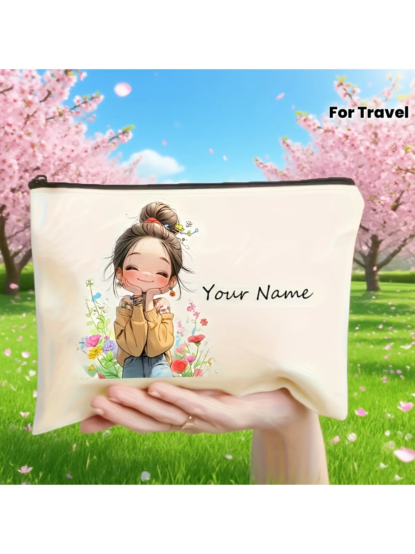 Personalized Name Retro Cute Girl Floral Makeup Bag - Customizable Cosmetic Bag, Toiletry Bag And Pen Holder - Charming Gift for Ladies, Mothers, Daughters, Best Friends (Graduation, Wedding, Holiday), Travel Additions, Illustrated Pouch