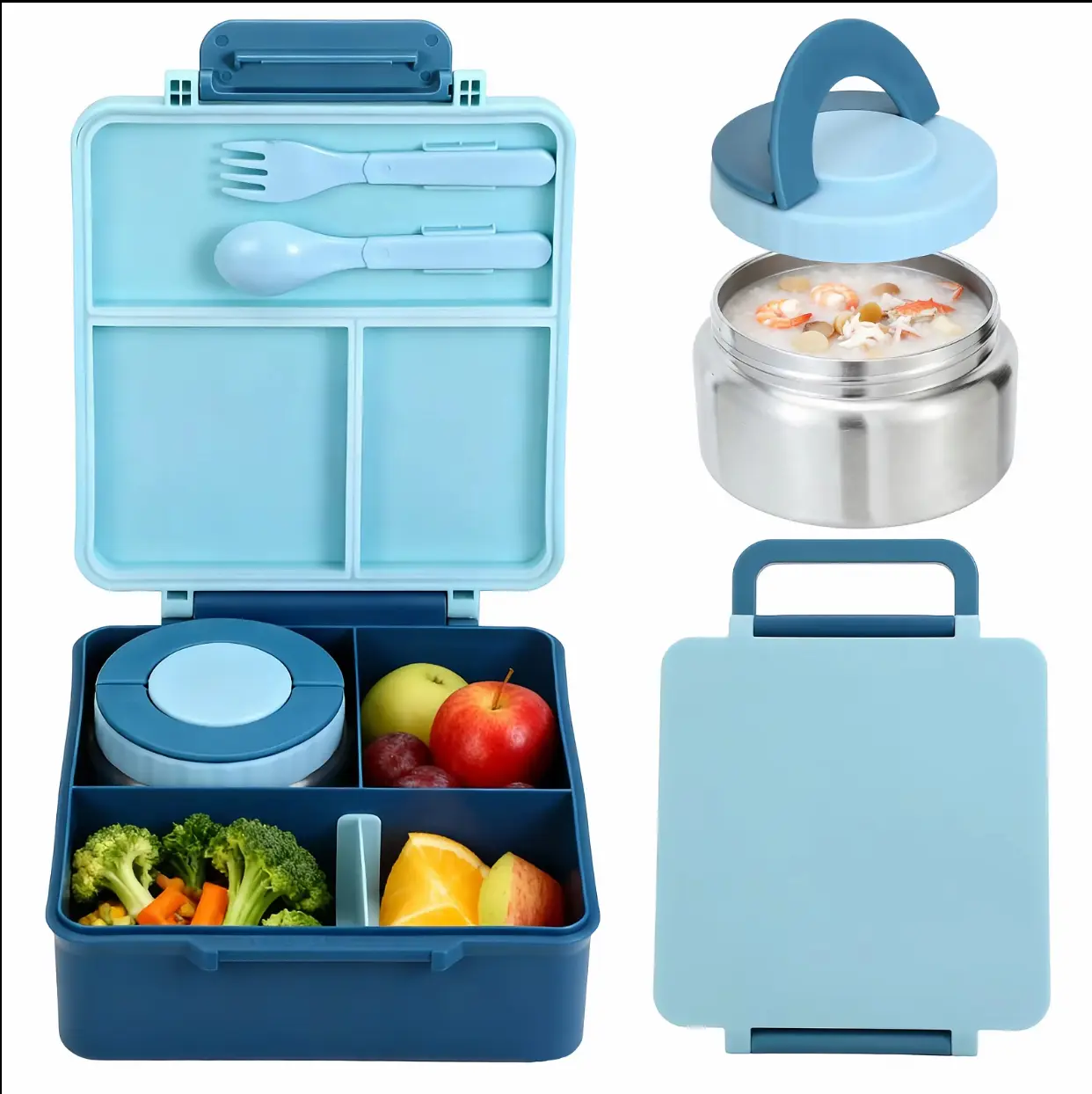 Leakproof Bento Lunch Box with Handle, Portable Bento Box, 4-Compartment Food Container, 8oz Insulated Soup Thermos, Cute Animals Pattern, Ideal for Work or Travel