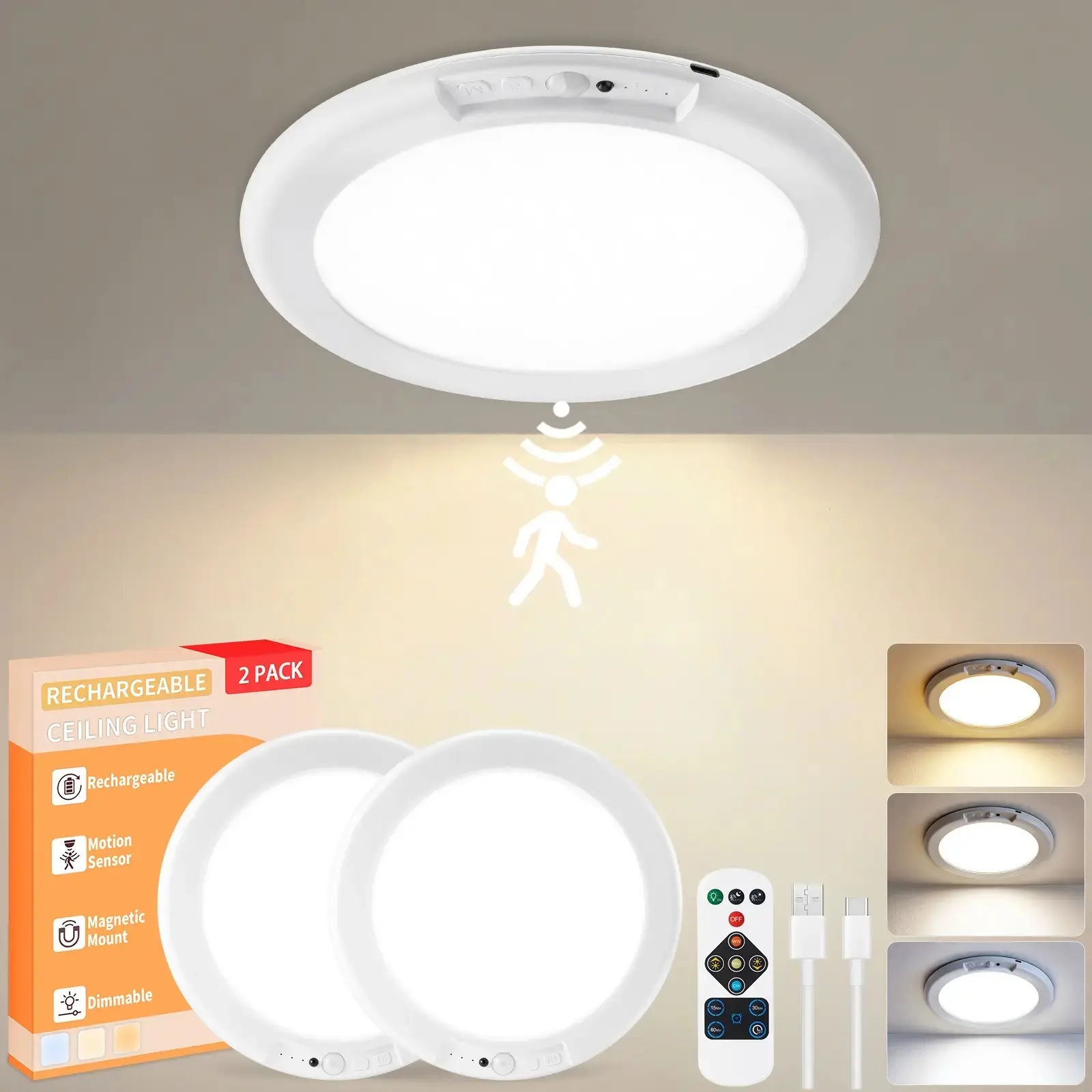 2-Pack Rechargeable Dimmable Ceiling Lights, 3 Color Modes, Motion Sensor with Remote, Wireless Battery-Operated Magnetic LED Ceiling Lighting for Closet, Pantry, Porch, Cordless Rechargeable Ceiling Lighting