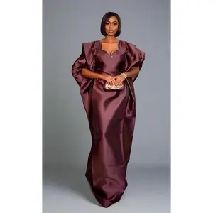 Zahra Luxe Boubou - Elegant Mikado Silk Summer Dress with Crystal Embellishments & Dramatic Sleeves in Wine Color