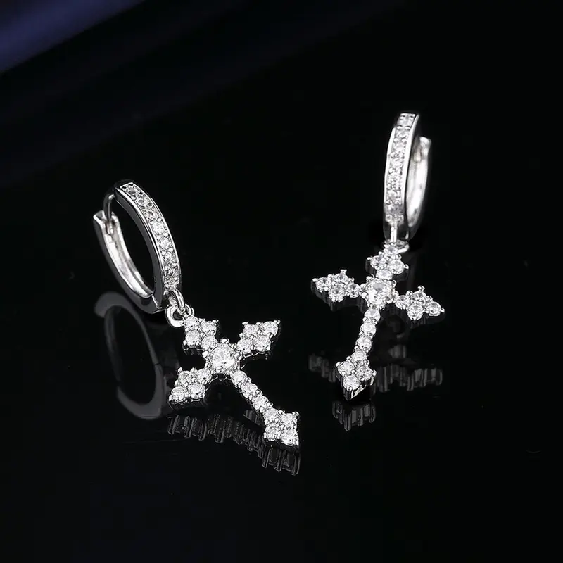 Men's 14K Cubic Zirconia Cross Design Earrings - Gothic, Hypoallergenic, Resists Oxidation, Men's Accessories Ideal for Gifting