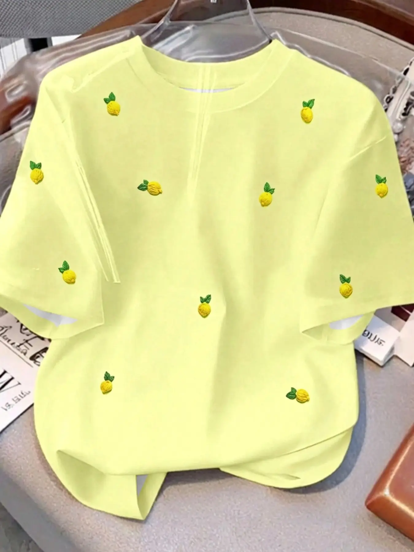 Women's Lemon Digital Print Loose Short Sleeve Round Neck T-Shirt, Fresh Sweet Style, Soft Breathable, Casual Daily, Casual T Shirts, Everyday & Summer Wear, Womenswear, Top, Clothes, Fit