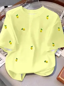 Women's Lemon Digital Print Loose Short Sleeve T-Shirt, Fresh Sweet Style, Soft Breathable, Casual Daily & Summer Wear, Womenswear