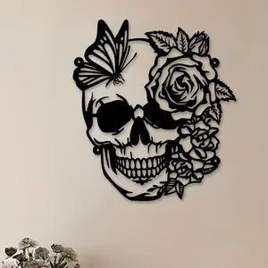 Skull & Flower & Butterfly Pattern Wall Art, Decorative Artwork, Vintage Style Wall Decor, Durable Metal Wall Hanging Sign for Home Living Room Office Decor, Ornaments, Skull Floral Print