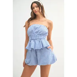Strapless gingham plaid bubble set