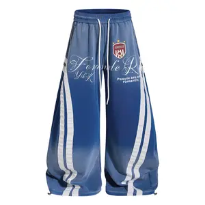 Inflation Pants Men Women Gradient Washed Crest Embroidery Side Stripes Elastic Waist Adjustable Hem Wide Leg Streetwear Sweatpants