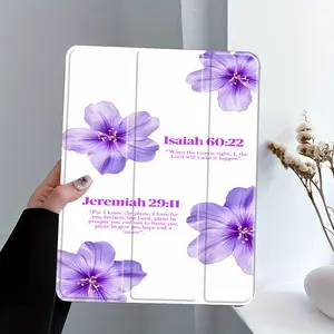 Purple lily design with "60:22" and "Jeremiah 29:11", adjustable stand and pen holder, foldable non-slip TPU protective case, suitable for Samsung, iPad mini, iPad Air, iPad Pro/iPad 10th and 11th generation iPads, etc.