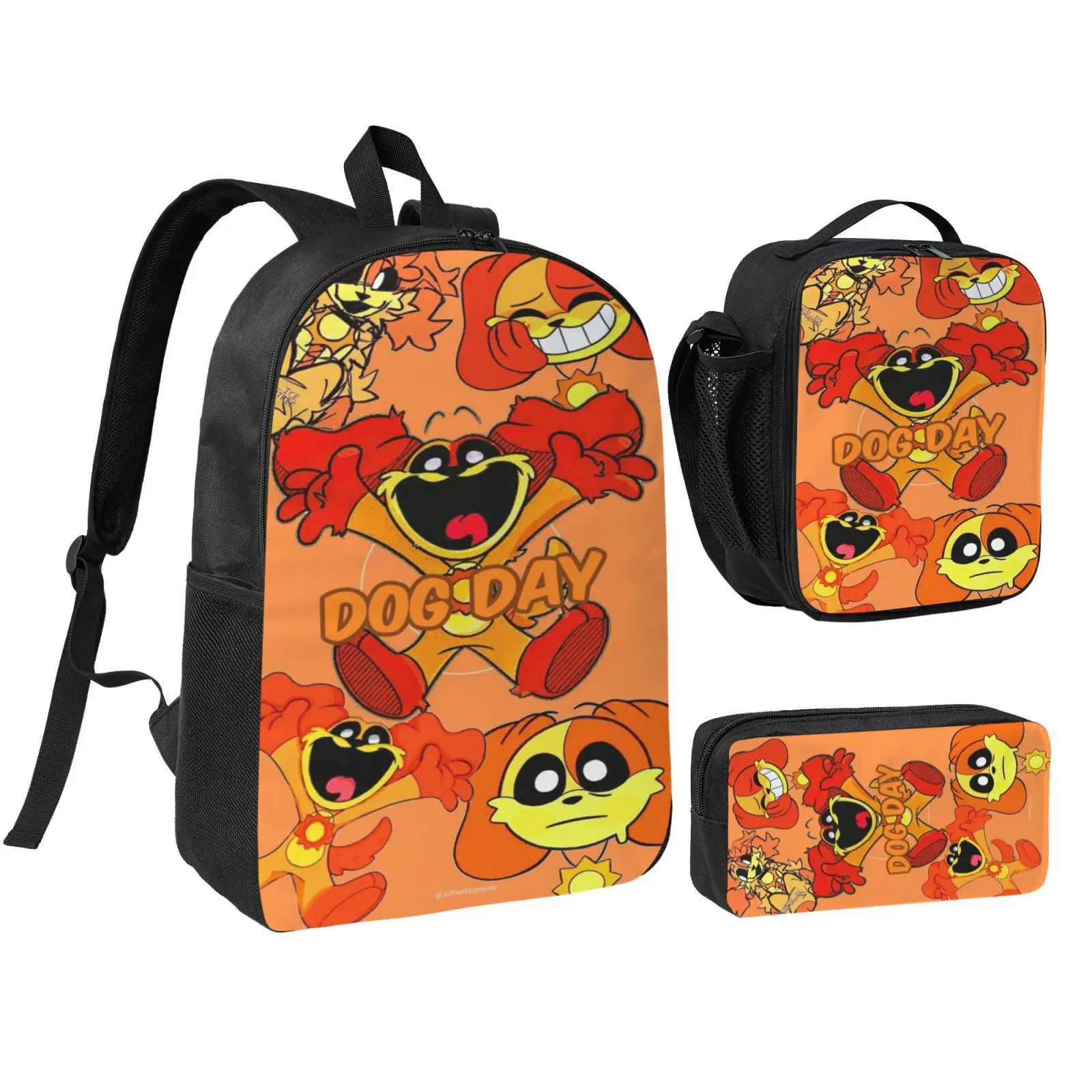 3-Piece Catnap Dogday Print Backpack Set, Large Capacity Water-Resistant School Bag for Girls & Boys with Insulated Lunch Box & Pencil Case for Daily Travel & Picnic, Large Capacity Backpack, Teens
