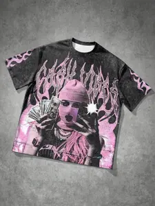 Men's Loose Pink Mask Girl Print T-Shirt, Y2K Flame Graphic Short Sleeve, Streetwear Baddie T-Shirt, Premium Y2K Streetwear T-Shirt, Suitable For Daily Wear, Men's Summer Top