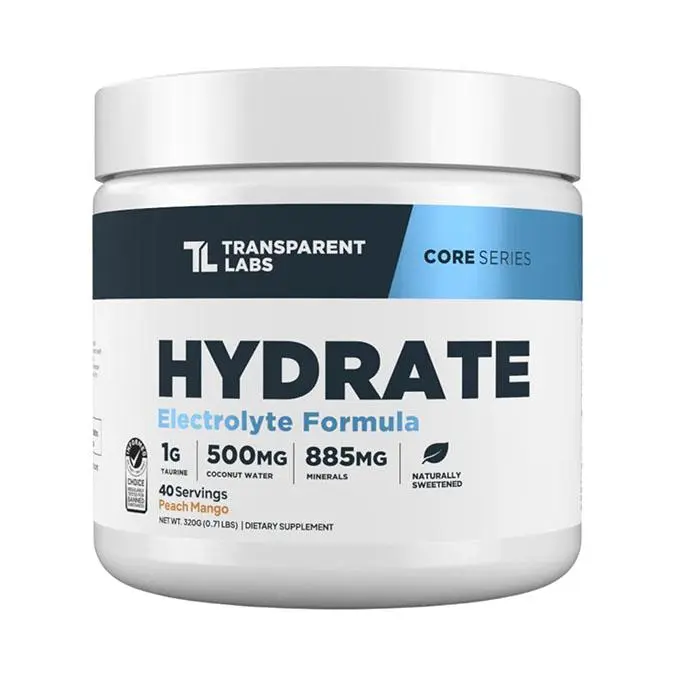 Transparent Labs Hydrate Naturally Sweetened Electrolytes Powder - Hydration Powder Electrolytes with Coconut Water, Calcium, Taurine, & Potassium - 40 Servings, Peach Mango