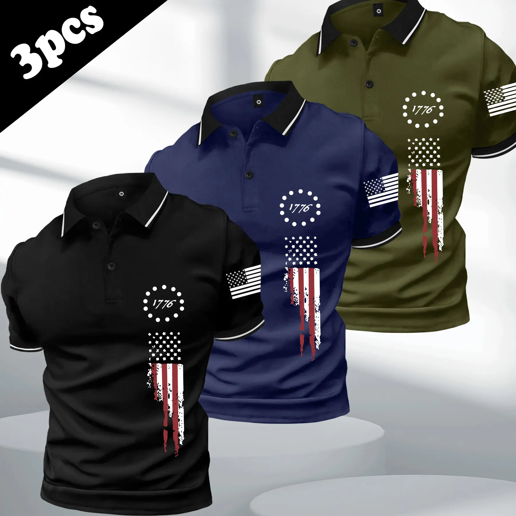 Men’s fashion three-piece set: short-sleeve polo shirt with a turn-down collar, featuring a trendy, distinctive American flag “1776” print; comfortable, skin-friendly, figure-flattering design with contrasting color details—ideal for summer outings; premi
