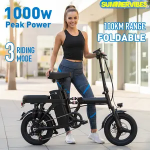 Summervibes Adult electric folding bicycle with 500W motor, 16-level shock absorption system, 48V 15Ah battery, and a range of 45 kilometers. Wheel Pedals Ebike Charger