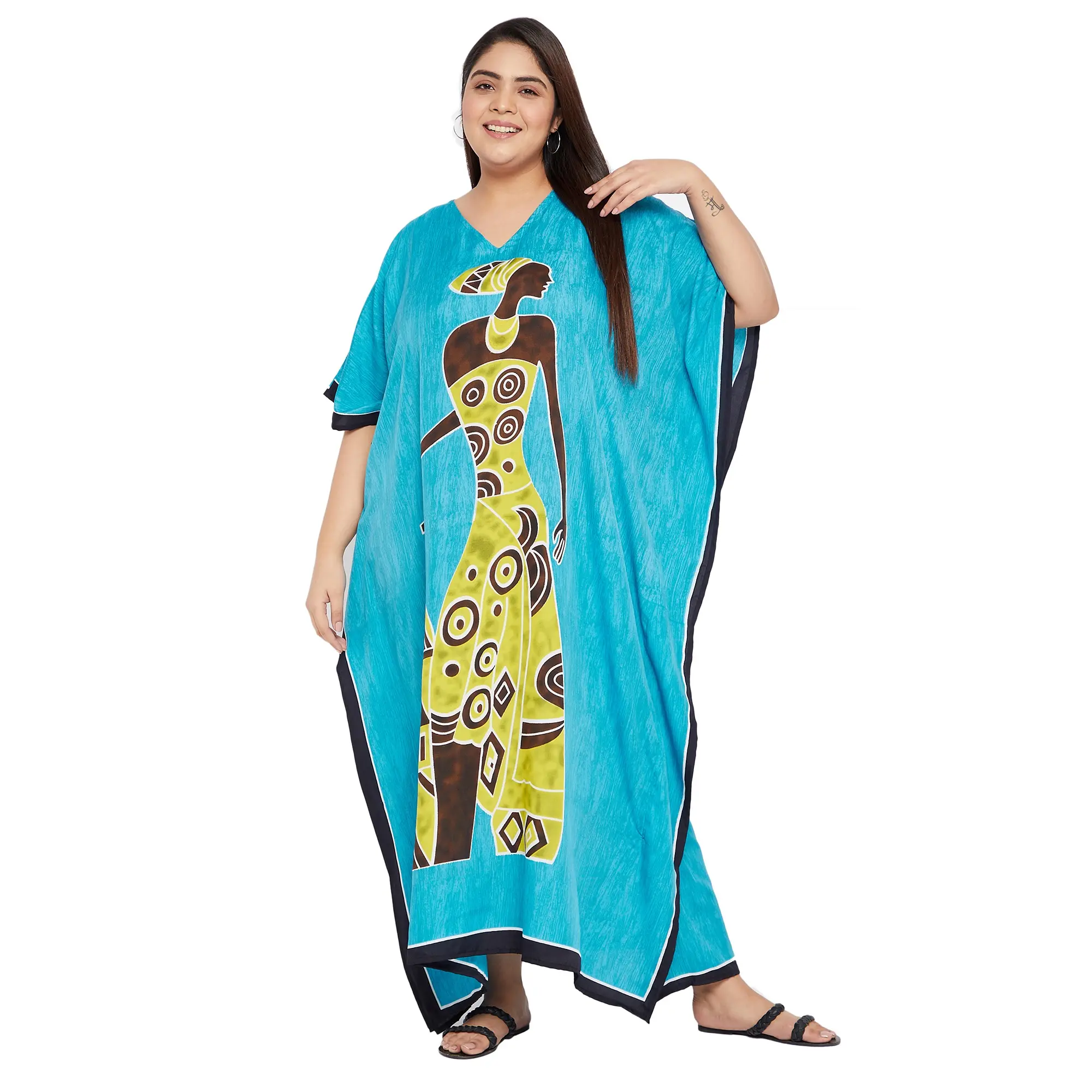 Gypsie Blu Women s Polyester Tribal Printed Caftan Lightweight Breathable Kimono Sleeve Beach Cover Up Bohemian Dress V-Neck Turquoise One Size Fits Most
