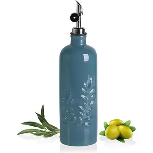 Olive Oil Dispenser Bottle for Kitchen, 18 Oz Ceramic EVOO Vinegar Dispenser with Spout,  Opaque Oil Container for Avocado, Leak Proof, Easy to Pour, Pack of 1(Fogblue,  Pourer)