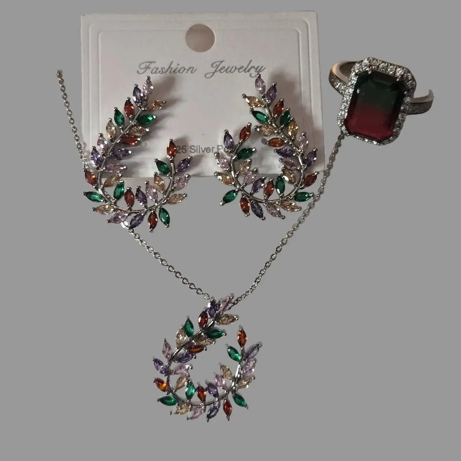 Women's S925 Metal Base Matching Set, Colorful CZ Leaf Motif Wreath Jewelry for Female Wear