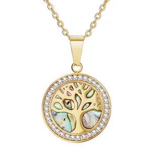 OIDEA Women's Abalone Shell Tree of Life CZ Hollow Pendant Necklace, Stainless Steel Hypoallergenic Gold Costume Jewelry Chain, Abalone Shell Necklaces