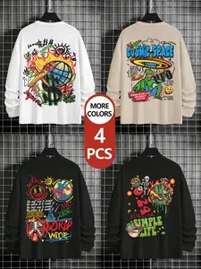 Men's Slim-Fit Long Sleeve T-Shirts, Graphic Print, Casual Street Style, Streetwear, All-Season Wear, Pack of 4, Daily Fashion Essentials